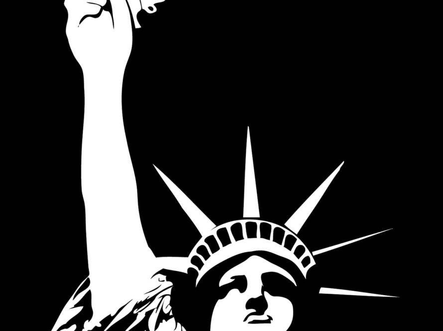 Monochrome image of the Statue of Liberty with a raised torch.