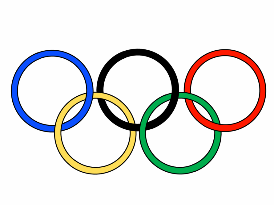 The iconic Olympic rings symbol in five colors on a black background.
